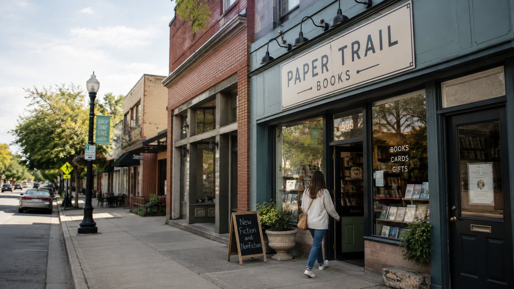A customer walking into an independent main-street storefront in daylight, shop signage clearly visible.