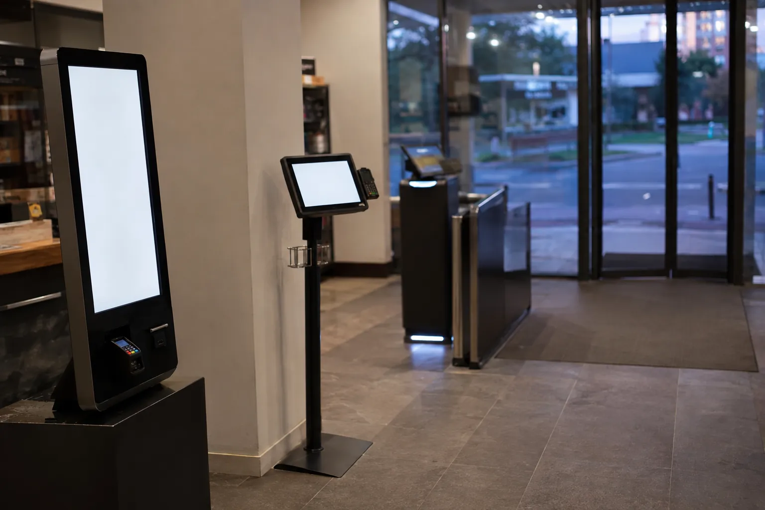 Unattended digital kiosks active inside a quiet commercial entrance.