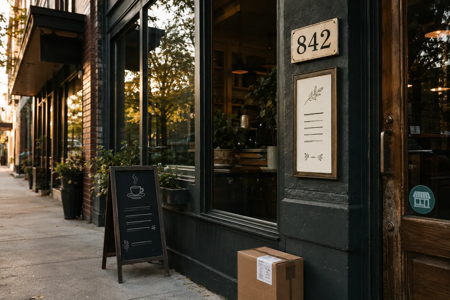 Local storefront entrance with address, posted information and street-level business details.