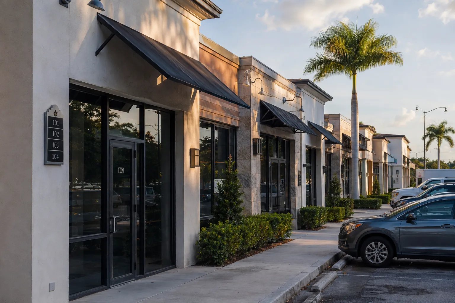 A row of local storefronts in a South Florida commercial district.
