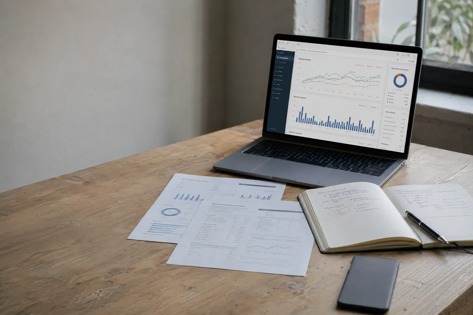 Analytics dashboard, reports and handwritten notes arranged on a naturally lit worktable.
