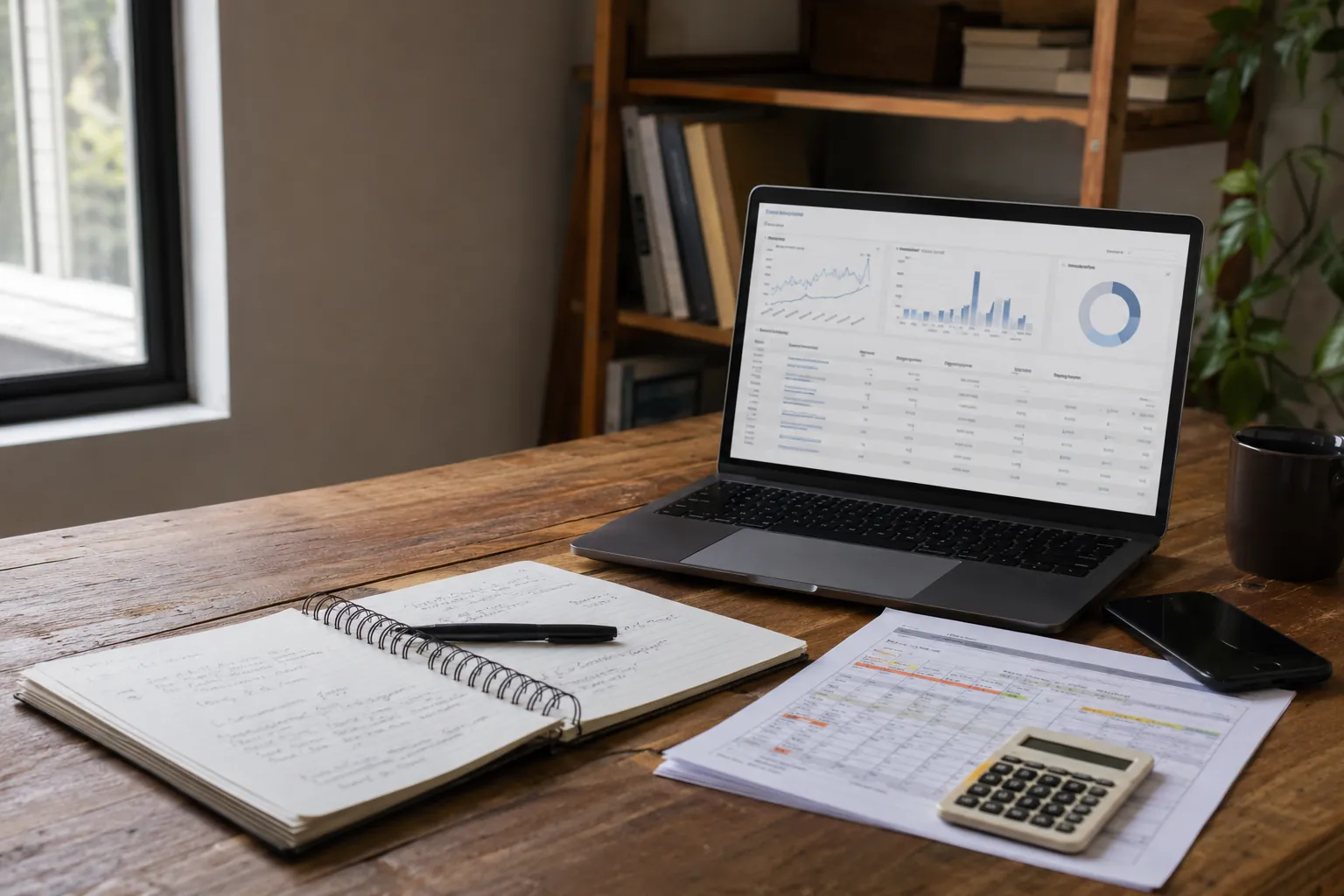 Campaign dashboard, notes and working documents arranged for a paid-media review.
