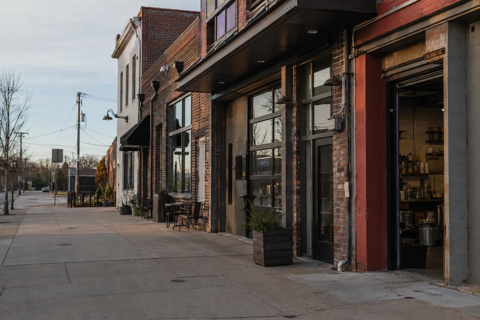 A row of independent storefronts along a contemporary neighborhood business district.
